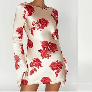 Davina Satin Long Sleeve Mini Dress Rose Print